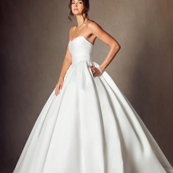 Azazie Celestia Diamond White Ball-Gown Strapless Matte Satin Wedding Dress
